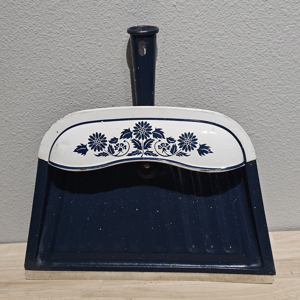 Vtg JV Reed Metal Dustpan Floral Daisy Blue White Country Farmhouse Decor USA